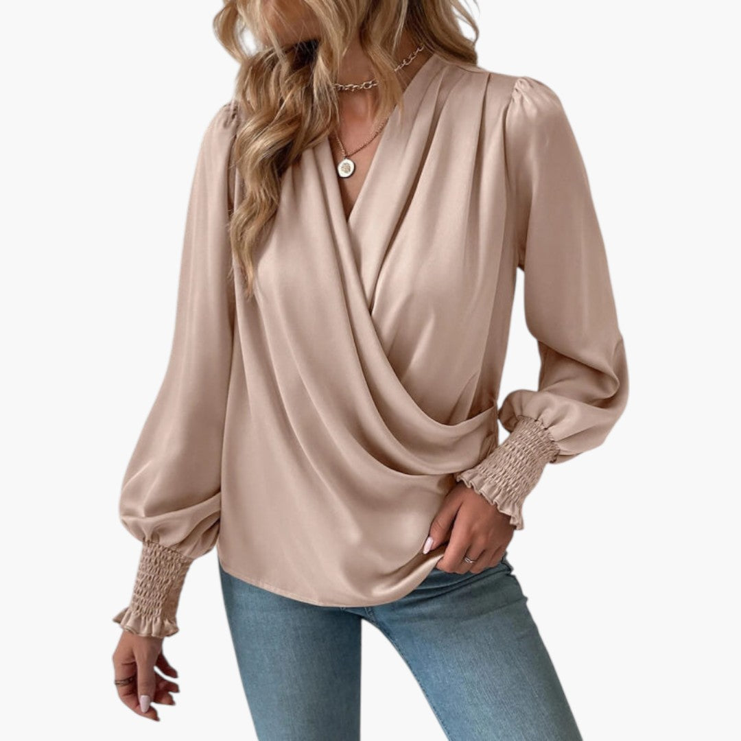 Blouse femme portefeuille à encolure en V et poignets smockés