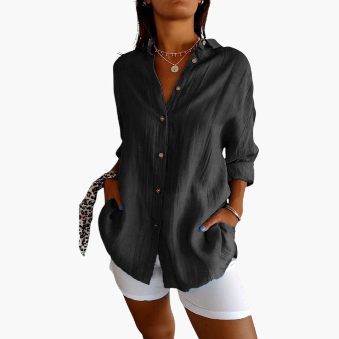 Blouse longue femme avec col et patte de boutonnage