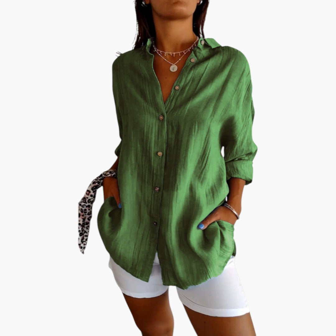 Blouse longue femme avec col et patte de boutonnage