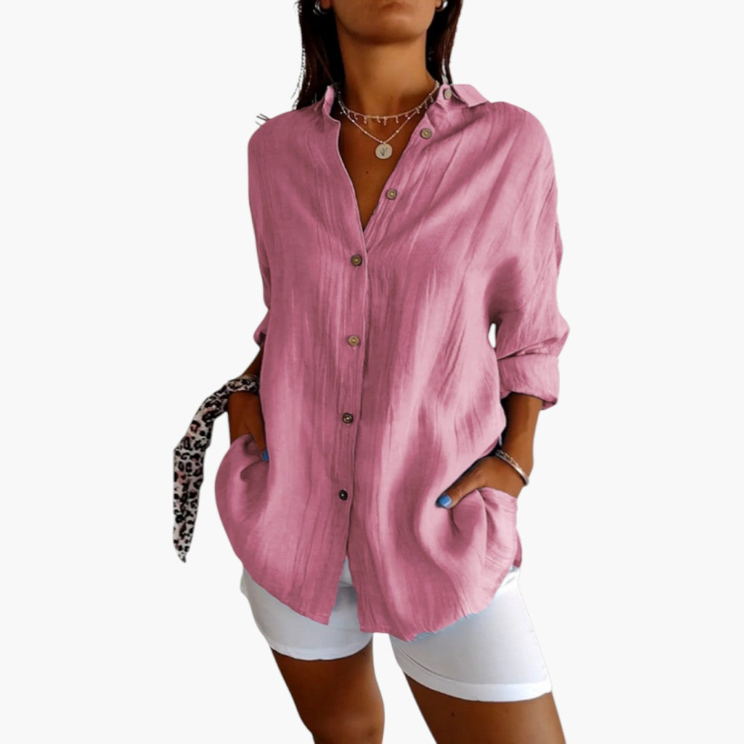 Blouse longue femme avec col et patte de boutonnage