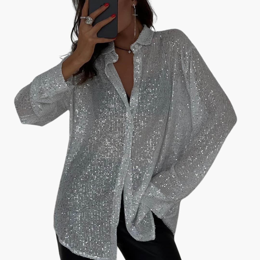 Blouse oversize scintillante pour femme avec manches longues et coupe structurée pour un style chic