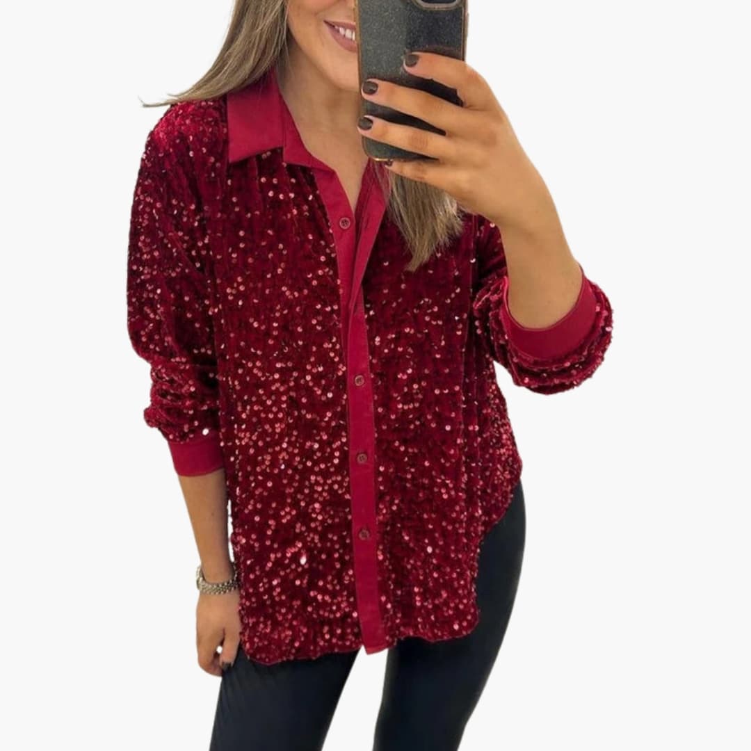 Blouse pailletée à sequins pour femme Col classique et fermeture boutonnée