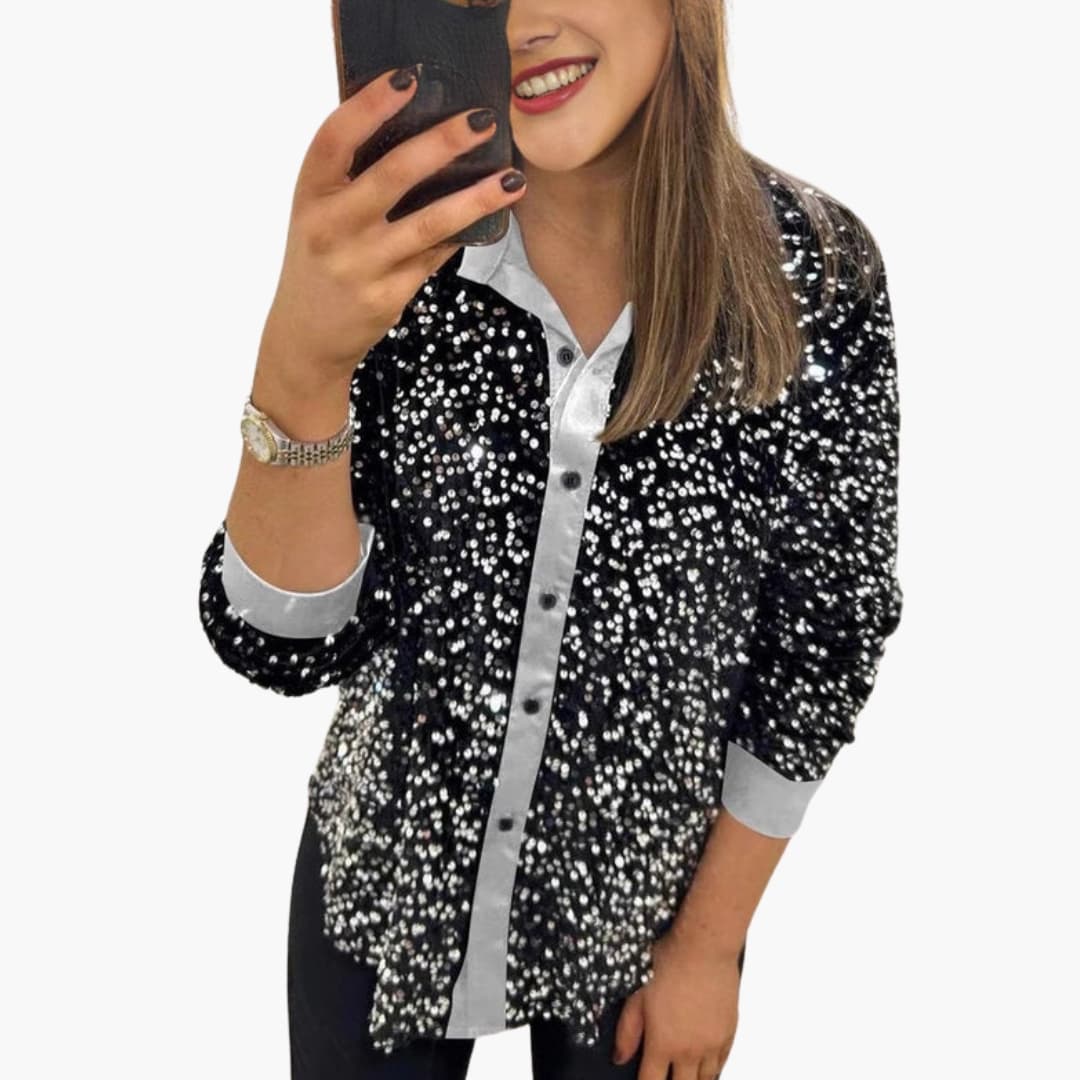 Blouse pailletée à sequins pour femme Col classique et fermeture boutonnée