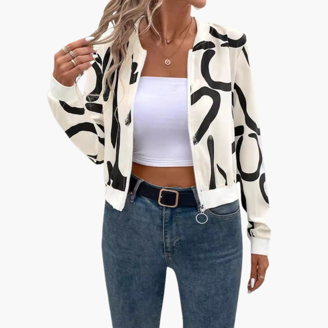 Women's Bomber Jacket with Artistic Pattern and Zipper Closure