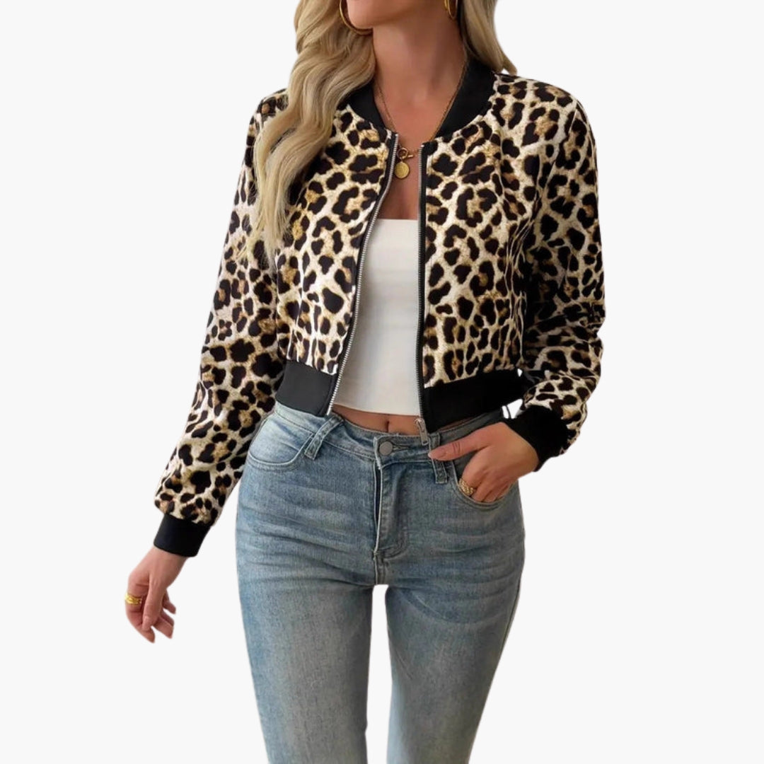 Blouson Bomber Femme Motif Léopard avec Finitions Côtelées