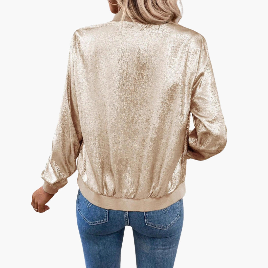 Blouson Bomber Femme avec Col Côtelé et Poches Latérales