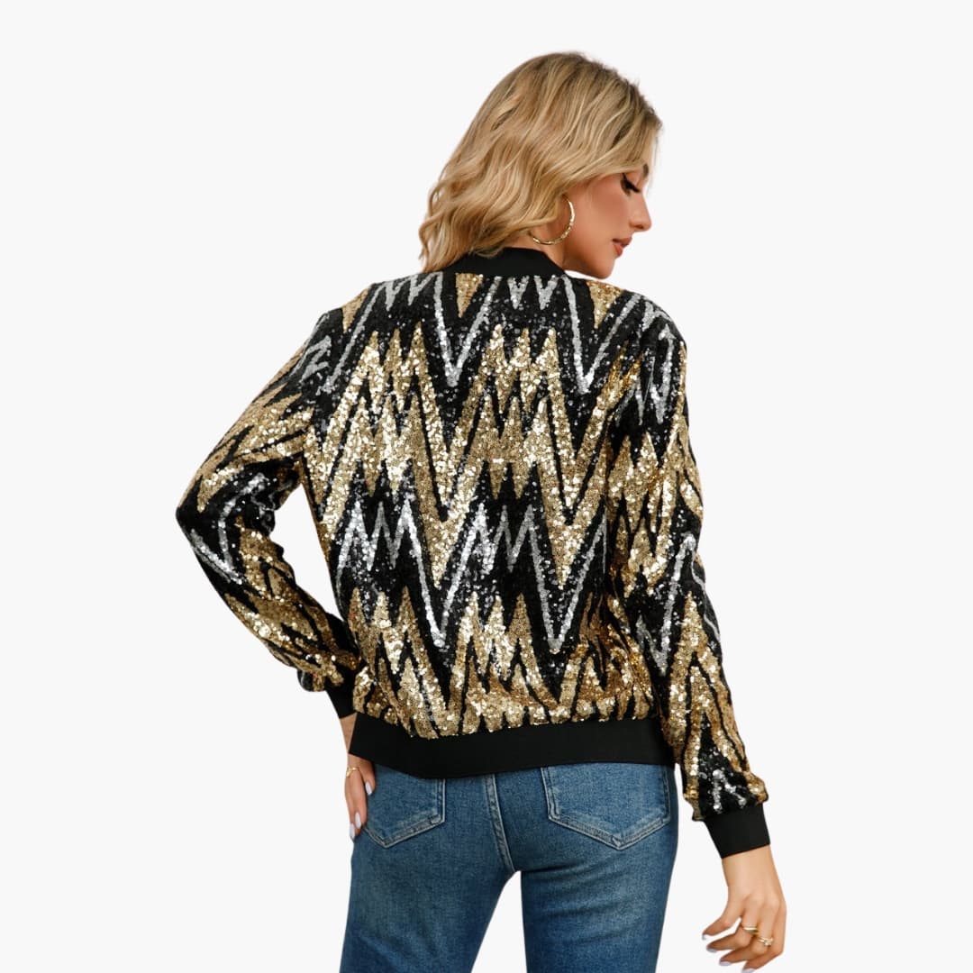 Blouson Bomber Femme avec Surface à Sequins et Ourlet Côtelé