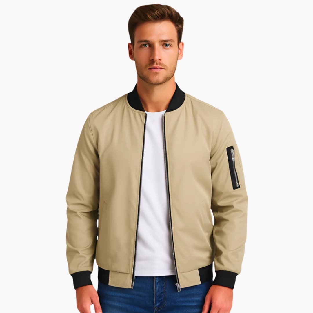 Blouson bomber til mænd med ribbet krave og lynlåslomme på ærmet