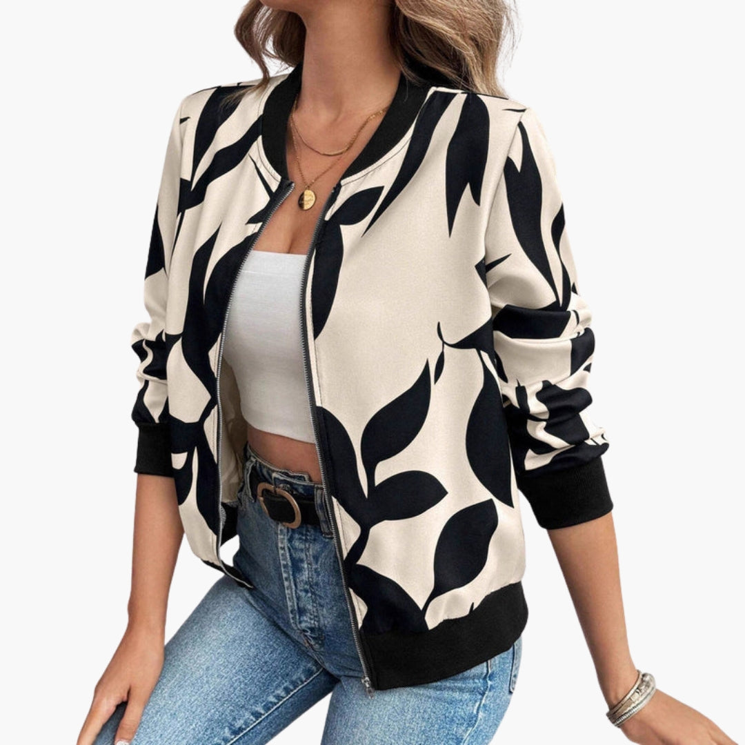 Blouson Bombers Femme à Imprimé Fleuri et Fermeture Éclair