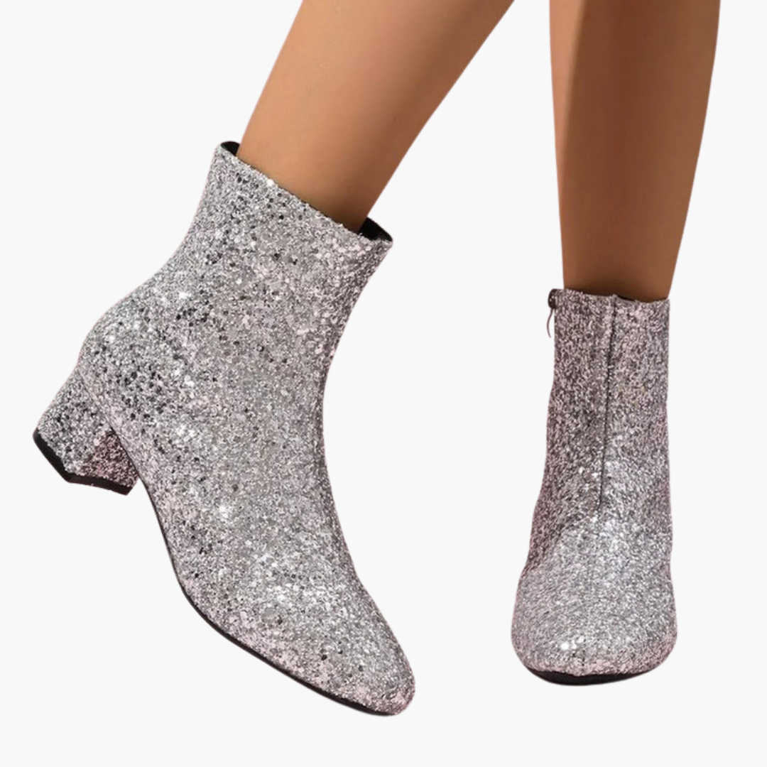 Bottines pour femme avec dessus scintillant et talon bloc