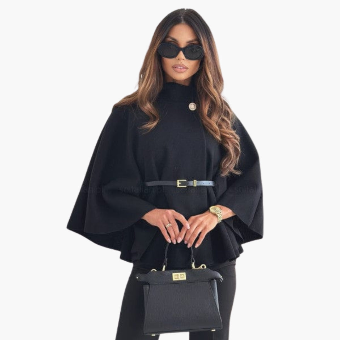 Cape en laine femme avec col montant et ceinture