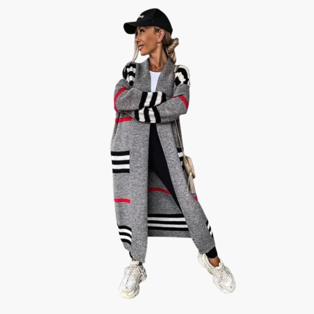 Cardigan lungo donna a righe con apertura frontale