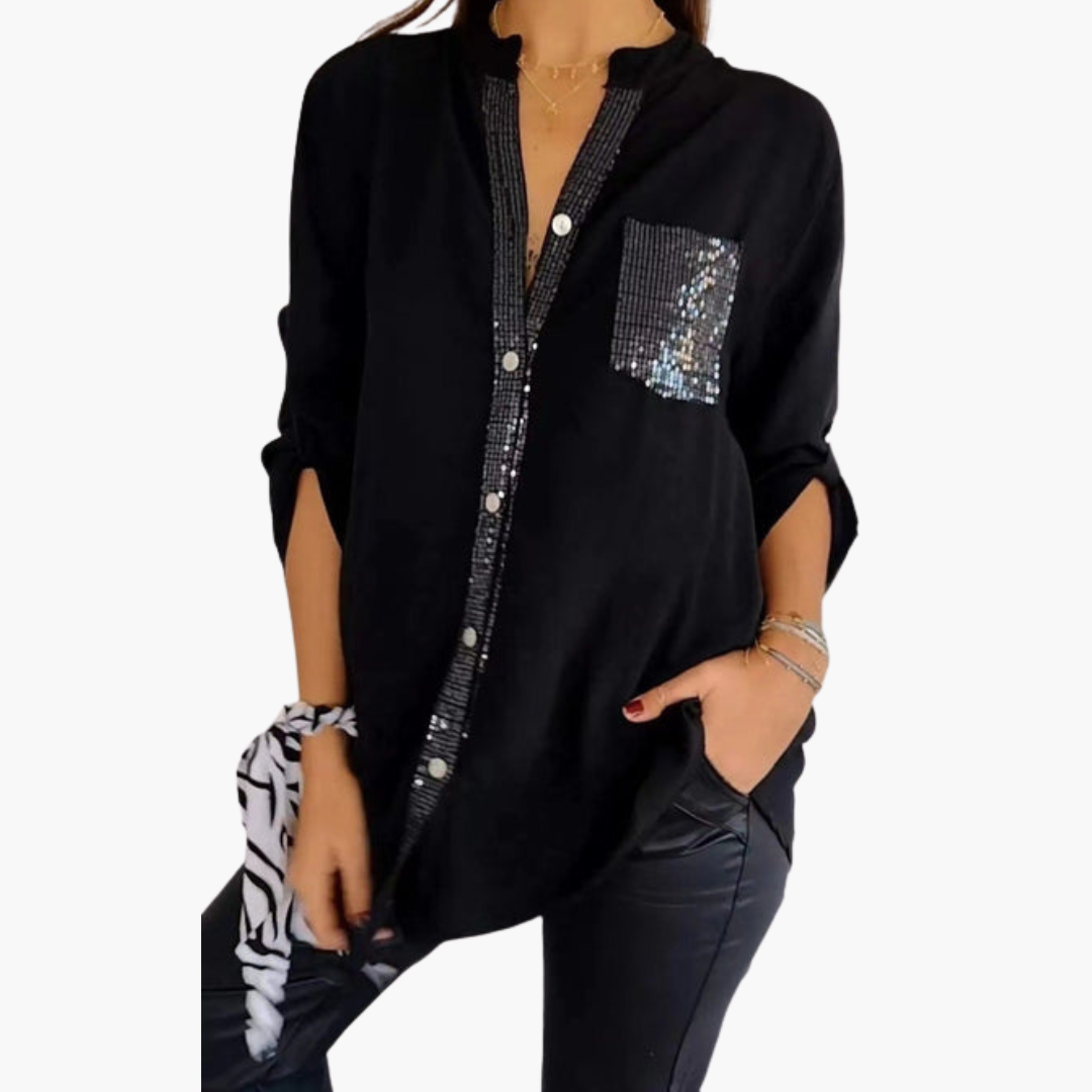 Chemise femme à boutons avec poche à sequins et manches retroussables