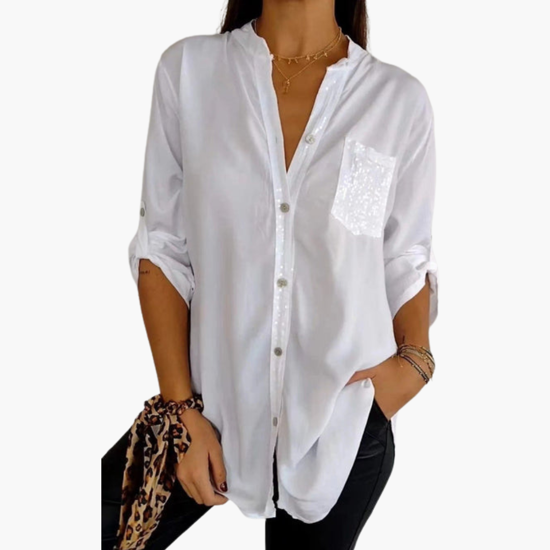 Chemise femme à boutons avec poche à sequins et manches retroussables