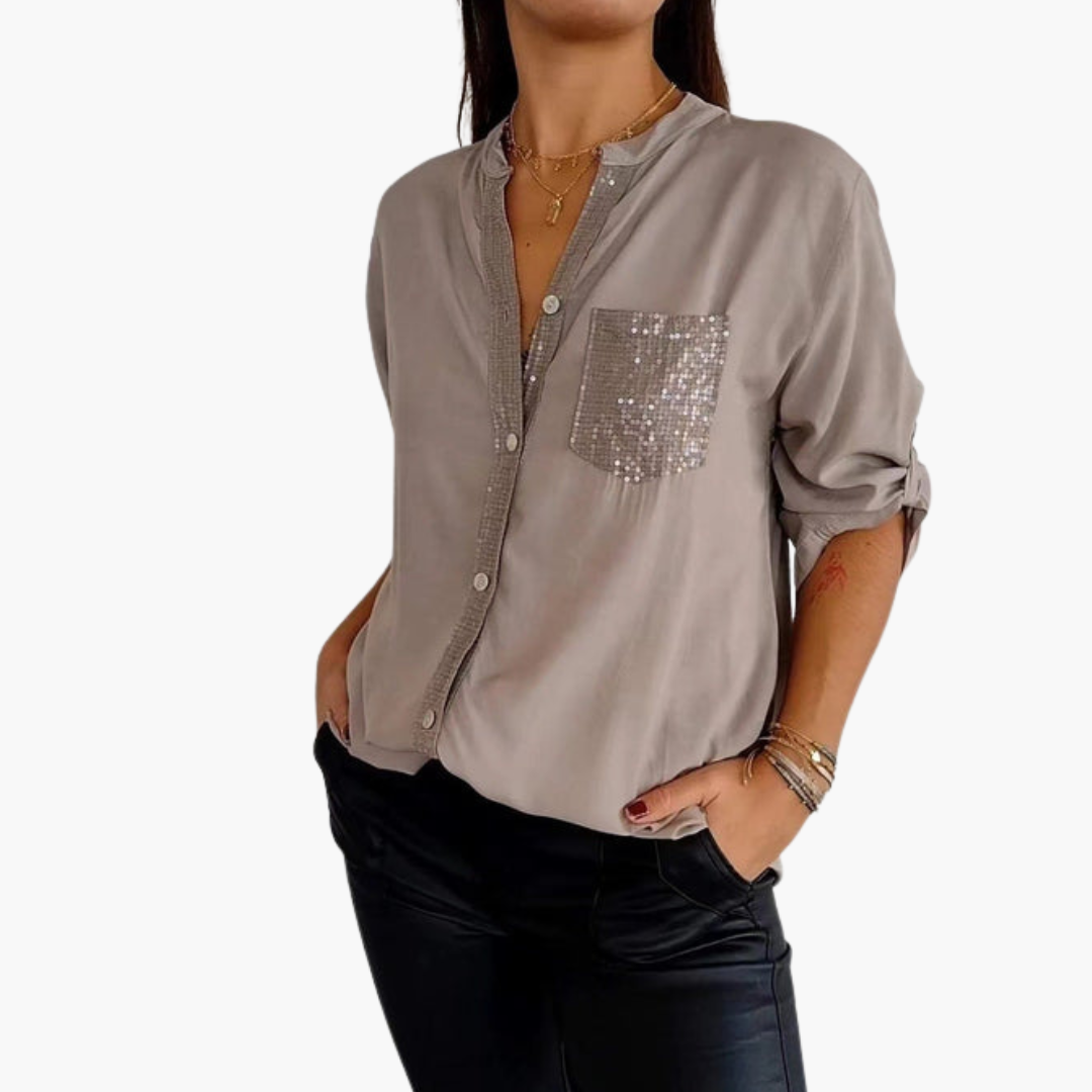 Chemise femme à boutons avec poche à sequins et manches retroussables