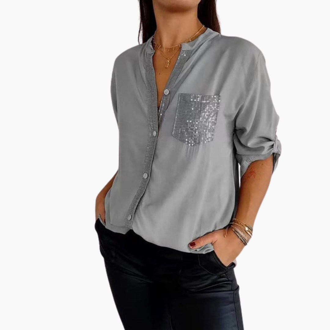 Chemise femme à boutons avec poche à sequins et manches retroussables