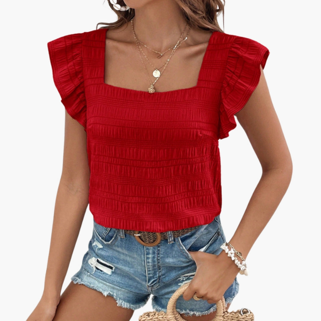 Camisa de Senhora com Gola Quadrada e Mangas com Folhos