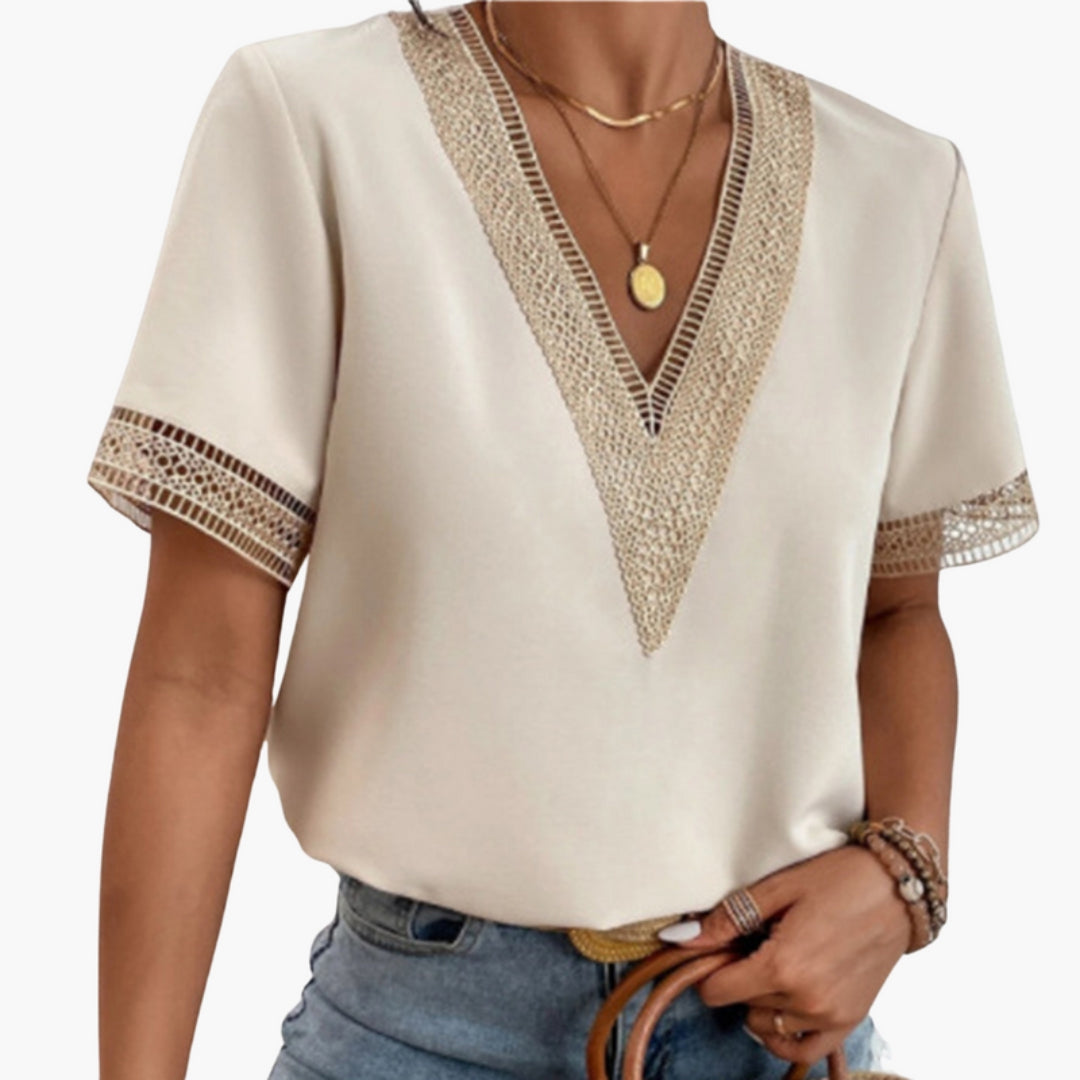 Camicia da donna con scollo a V e rifinitura in pizzo