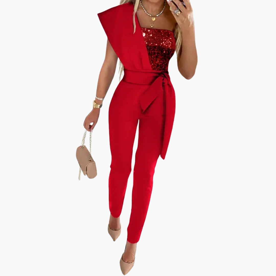 Kvinde Jumpsuit med Bar Skulder og Glitrende Overflade