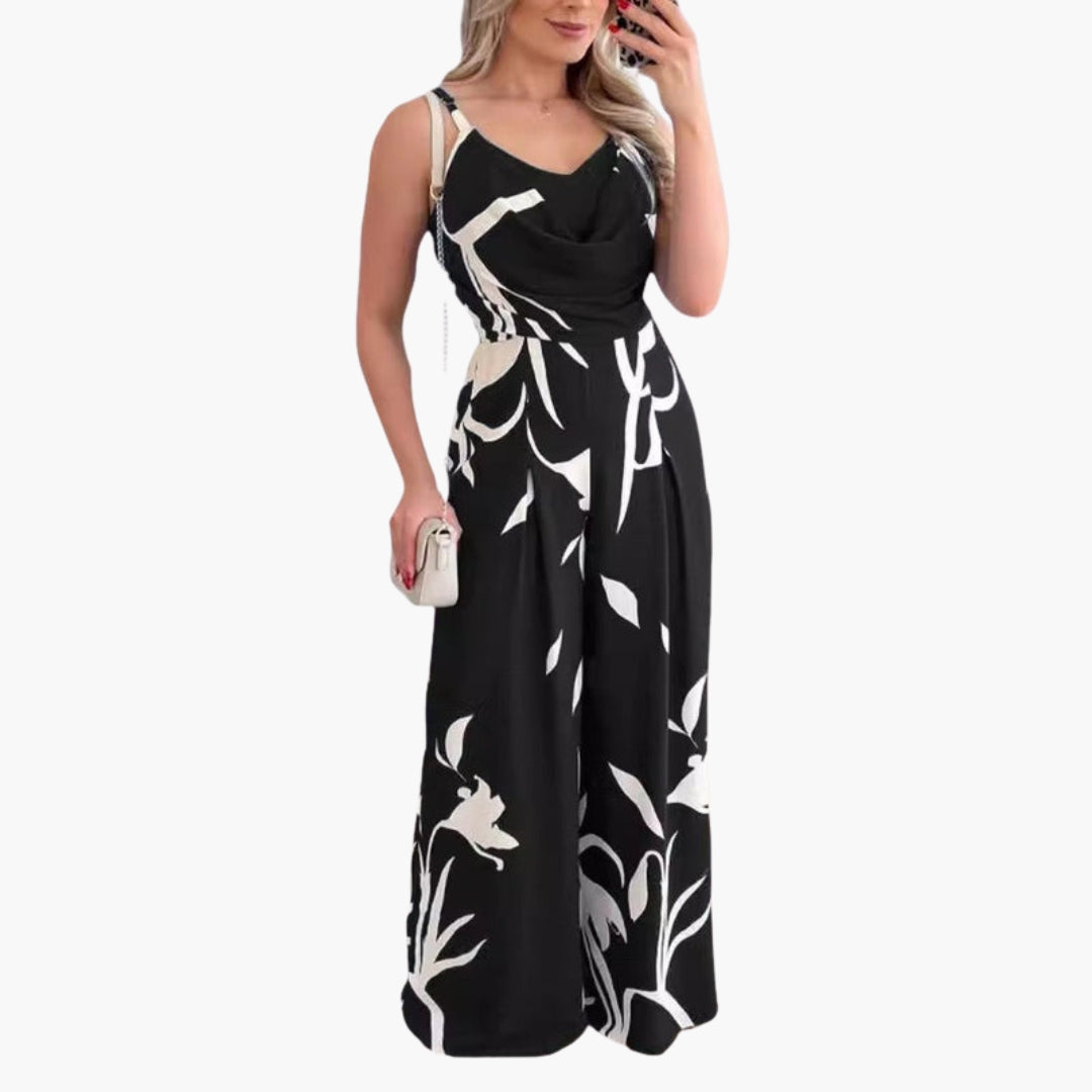 Tuta donna con scollo drappeggiato e gambe larghe