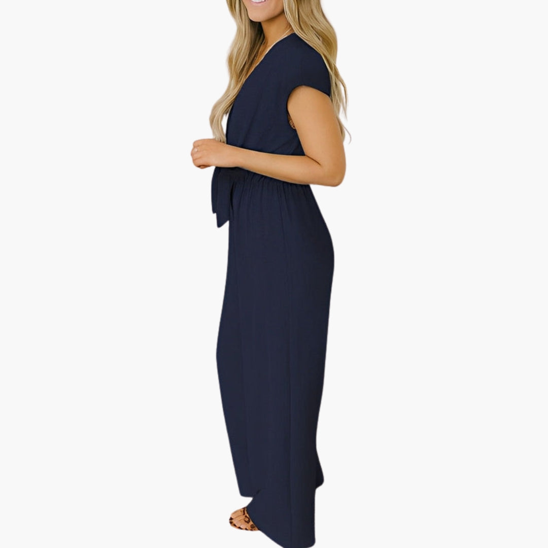 Tuta donna con scollo a V e cintura da annodare in vita