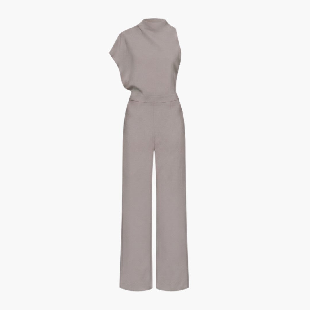 Tuta donna con collo alto asimmetrico e gambe larghe