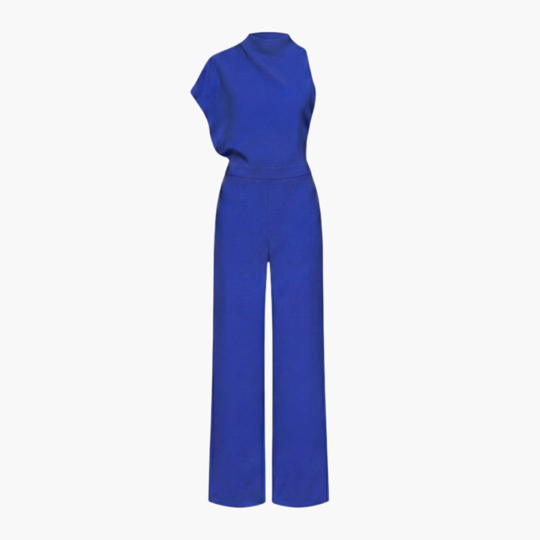 Tuta donna con collo alto asimmetrico e gambe larghe