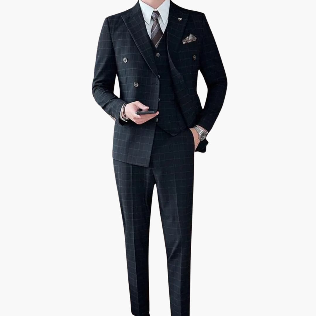 Costume pour homme trois pièces à motif à carreaux avec col à revers