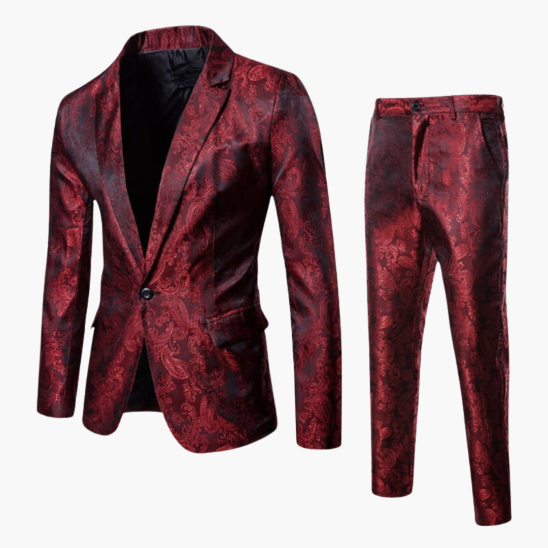 Costume deux pièces pour homme en jacquard avec col à revers et fermeture à boutons