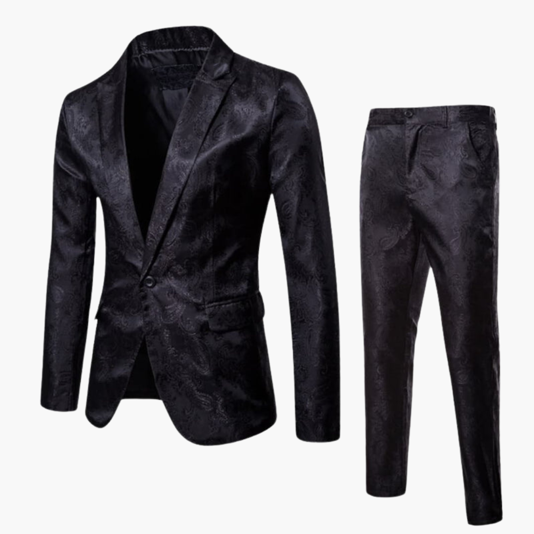 Costume deux pièces pour homme en jacquard avec col à revers et fermeture à boutons