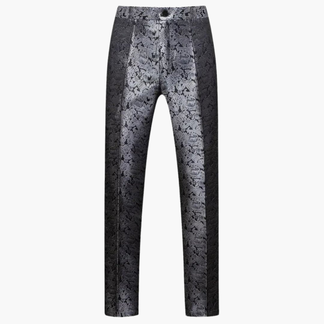 Dreiteiliger Herrenanzug aus Jacquard mit Satinrevers und schmal geschnittenen Hosen