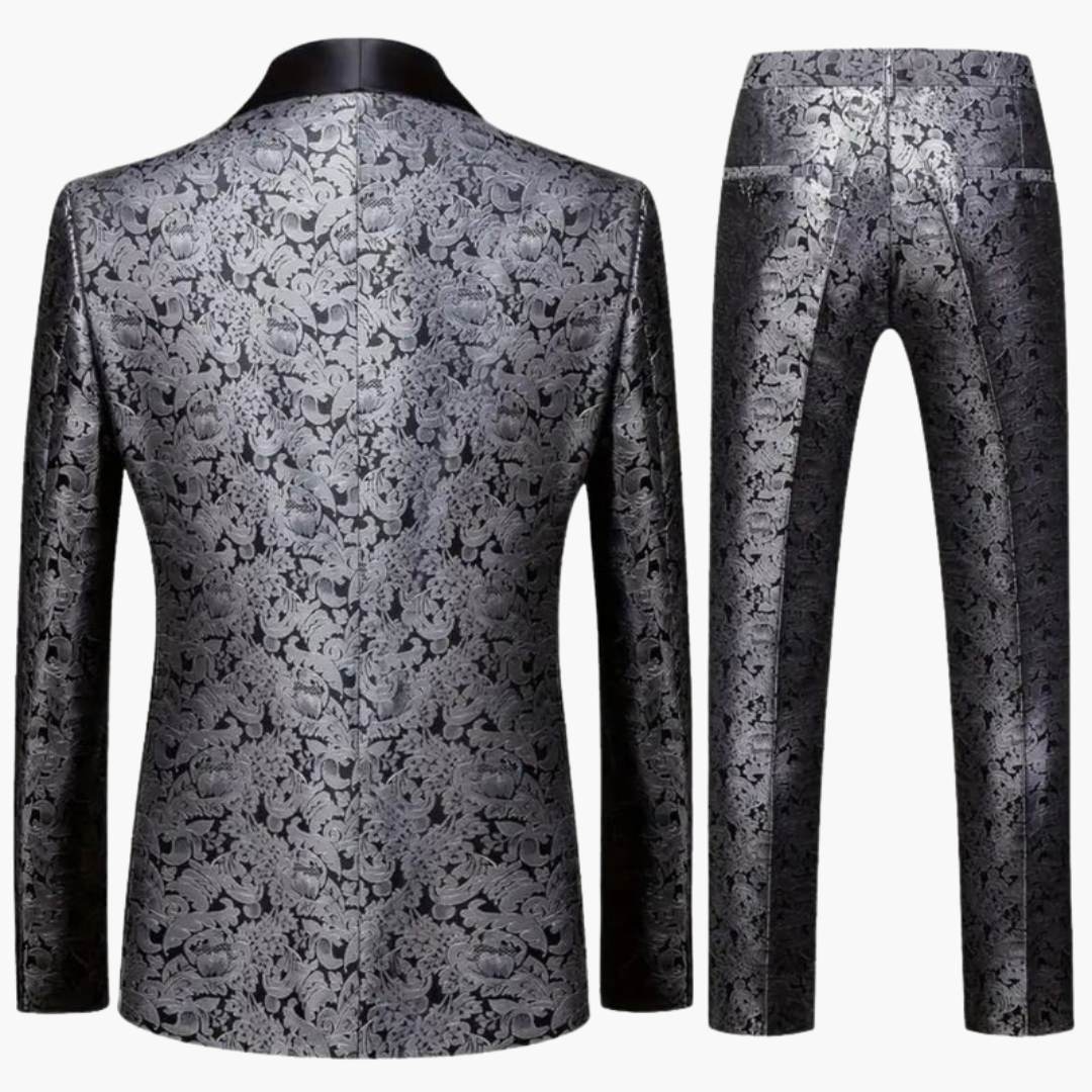 Three-piece men's jacquard suit with satin lapels and slim-fit trousers
