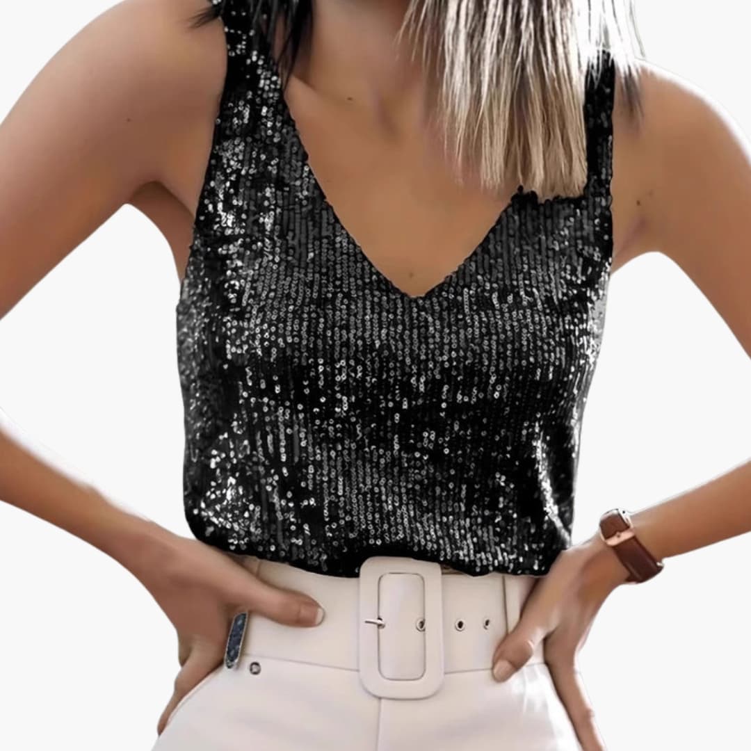 Top scintillant pour femme à col en V, orné de sequins étincelants