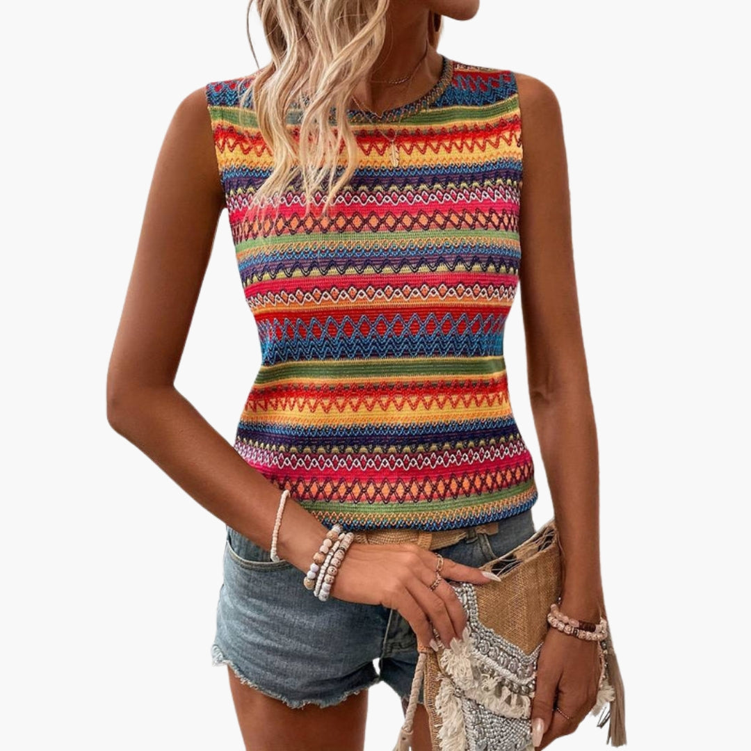 Top donna con scollo rotondo e superficie a motivo
