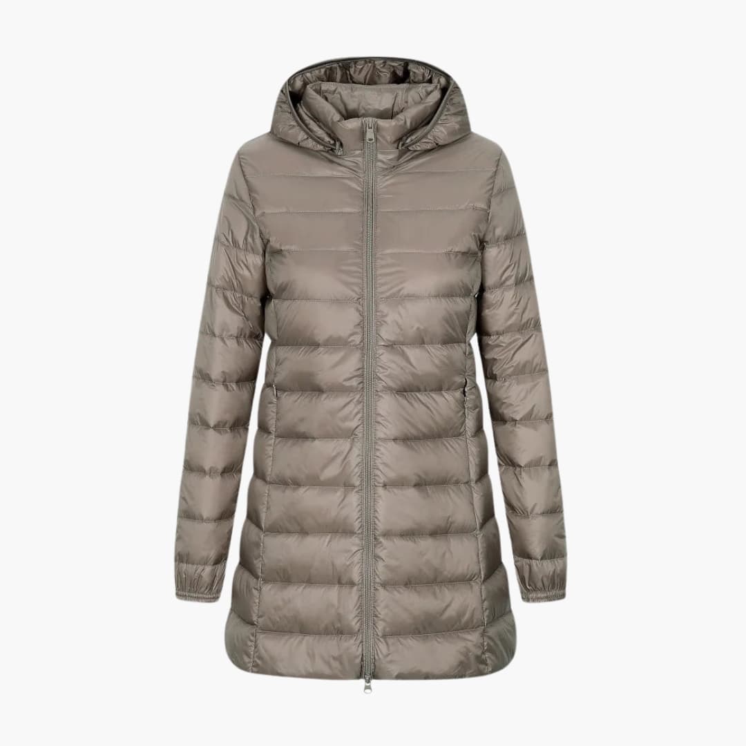 Lange dames donsjas met capuchon