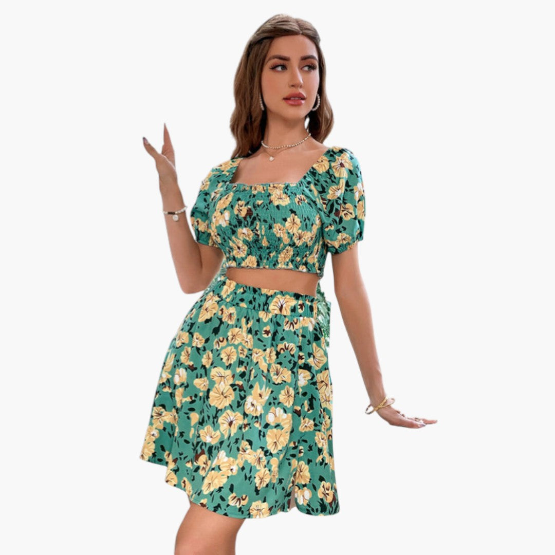 Conjunto Mulher Top com Estampa Floral e Saia com Cintura Elástica