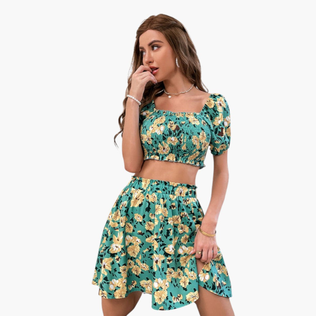 Conjunto Mulher Top com Estampa Floral e Saia com Cintura Elástica