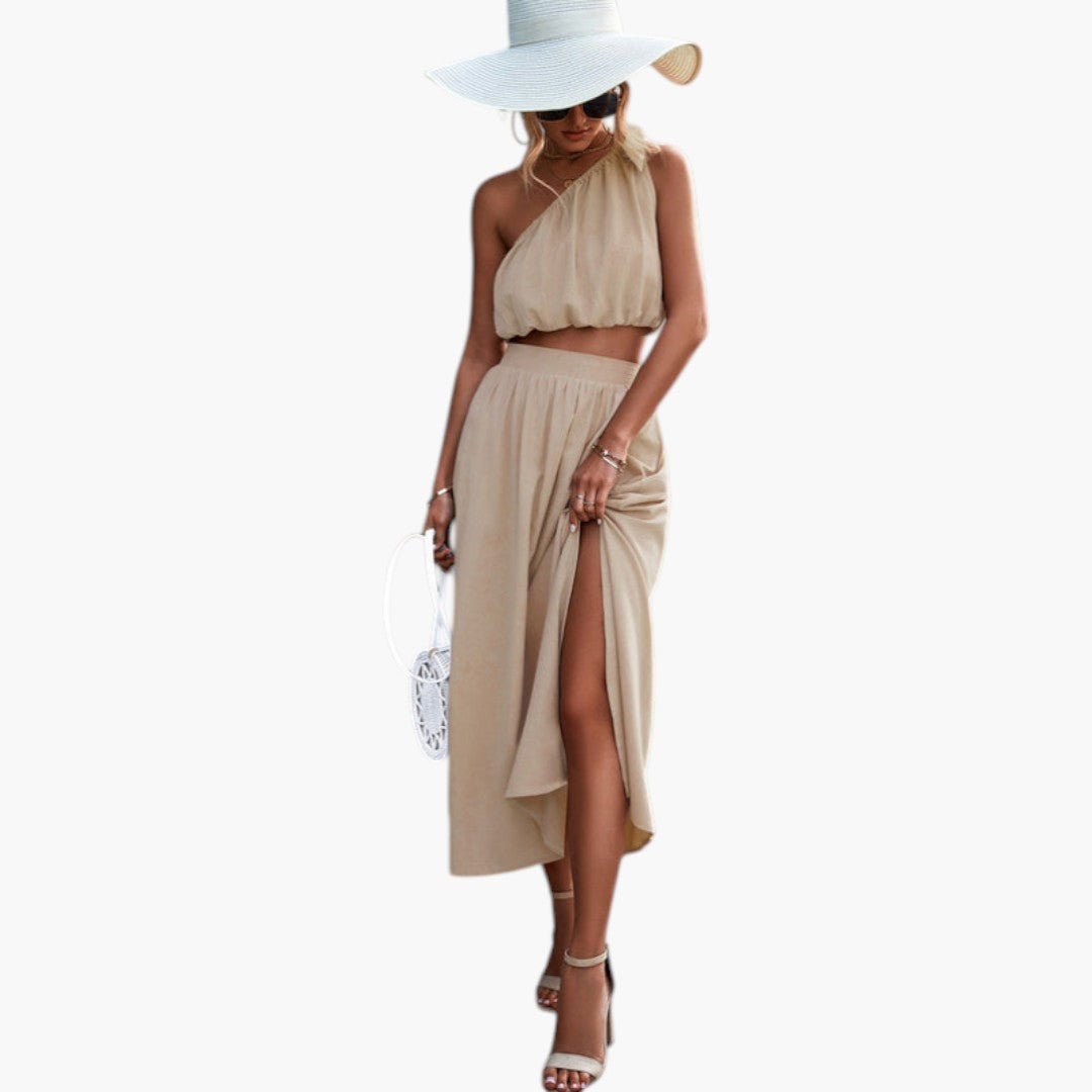 Women's Skirt Set with One-Shoulder Top and Side Slit