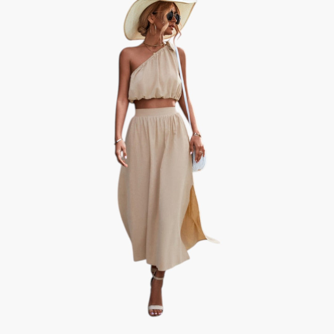 Women's Skirt Set with One-Shoulder Top and Side Slit