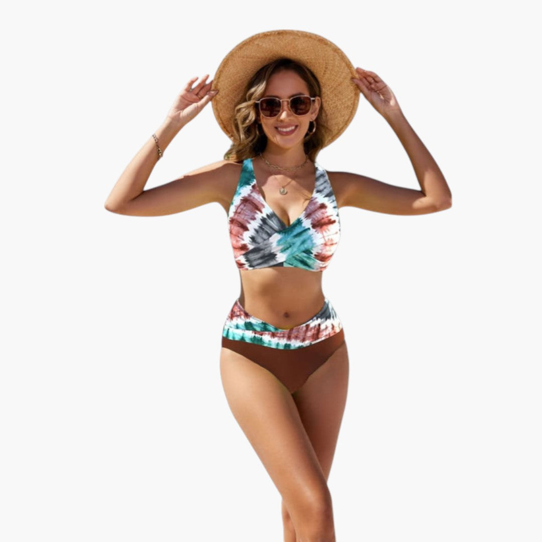 Women's two-piece swimsuit with crossed top and adjustable bottom