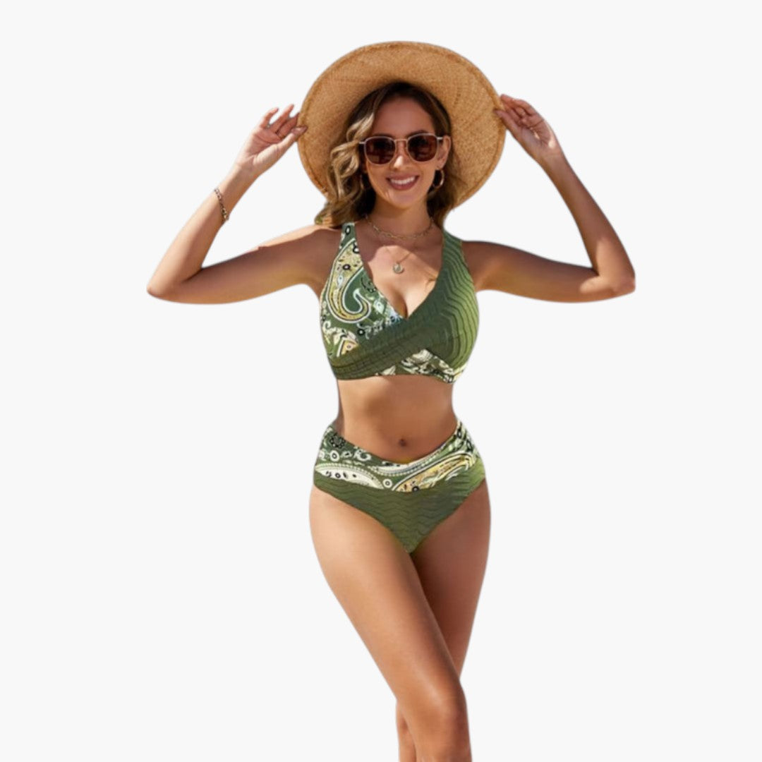 Women's two-piece swimsuit with crossed top and adjustable bottom