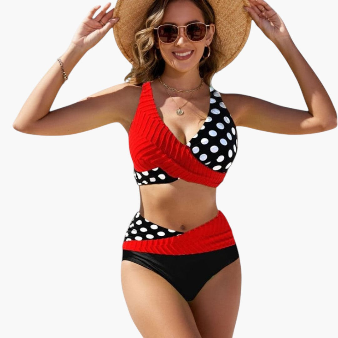 Women's two-piece swimsuit with crossed top and adjustable bottom