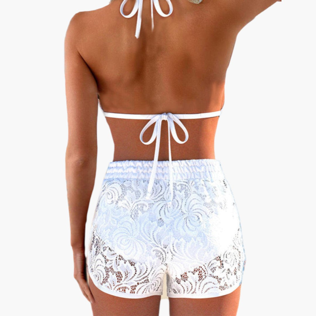 Sæt med bikini til kvinder med blonder shorts