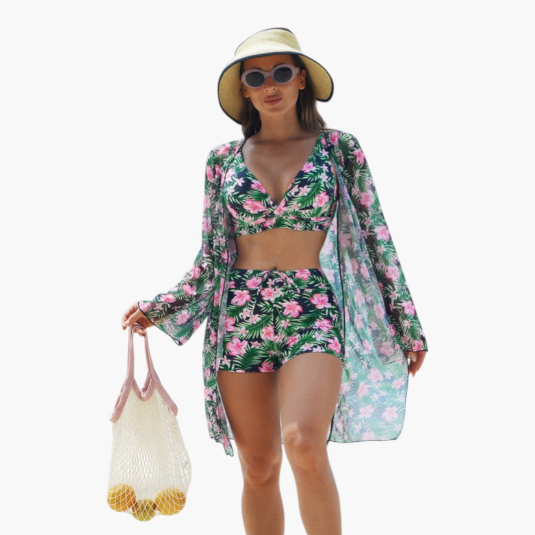 Zestaw bikini damski z górą w nadruk i szortami