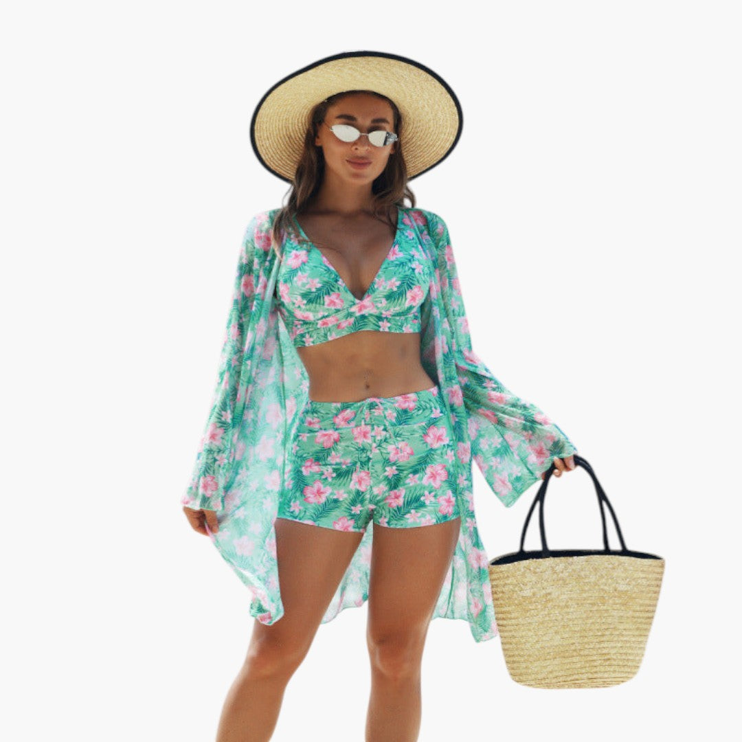 Zestaw bikini damski z górą w nadruk i szortami