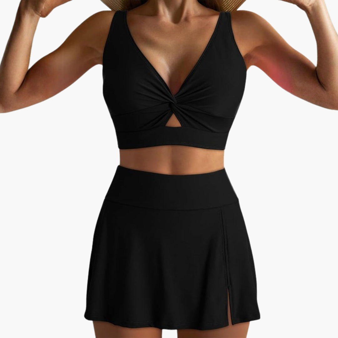 Bikini-Set für Damen mit gekreuztem Oberteil und Rock