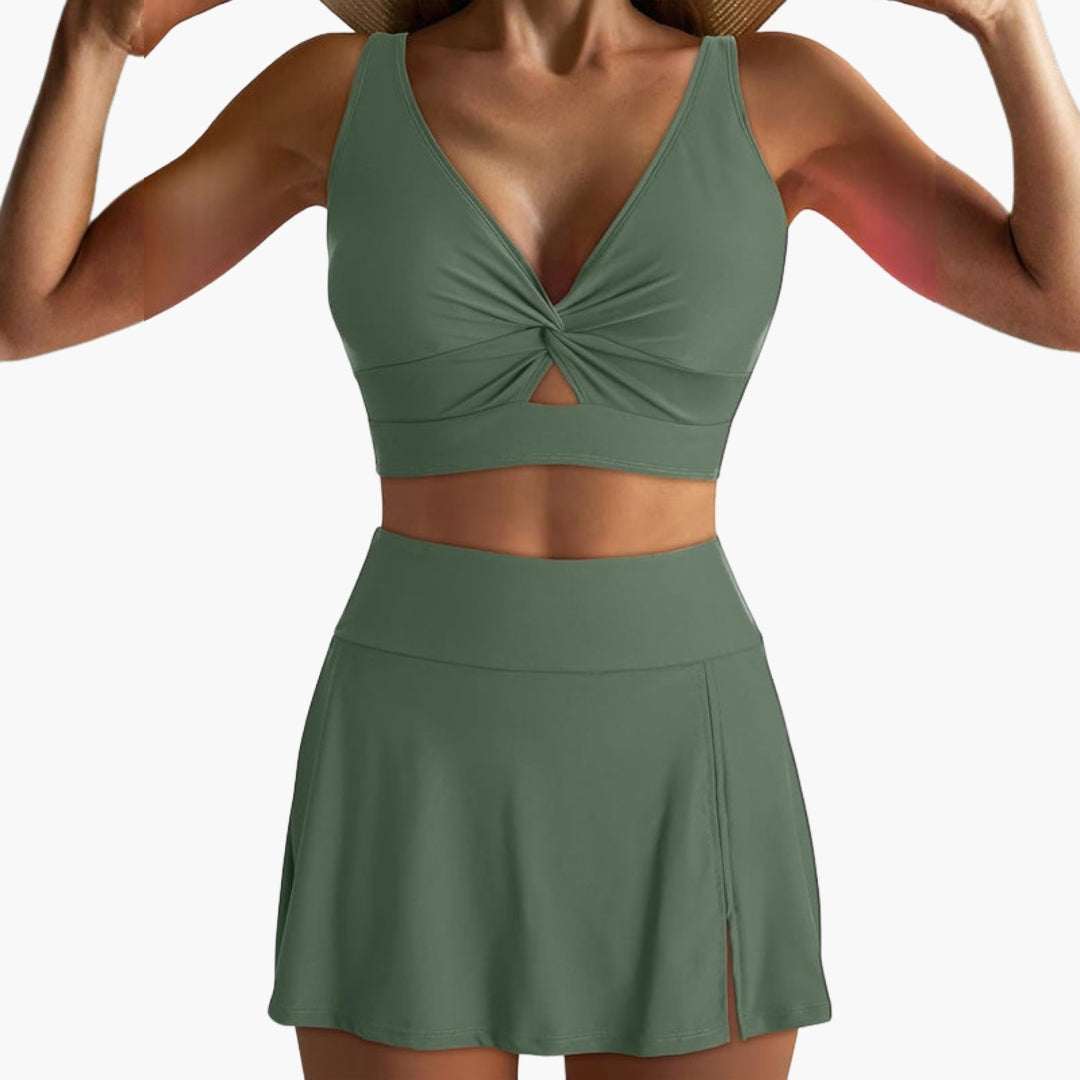Completo bikini da donna con top incrociato e gonna