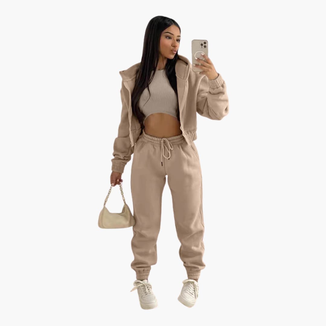 Damen-Sportset mit langärmeligem Oberteil und Hose mit Kordelzug