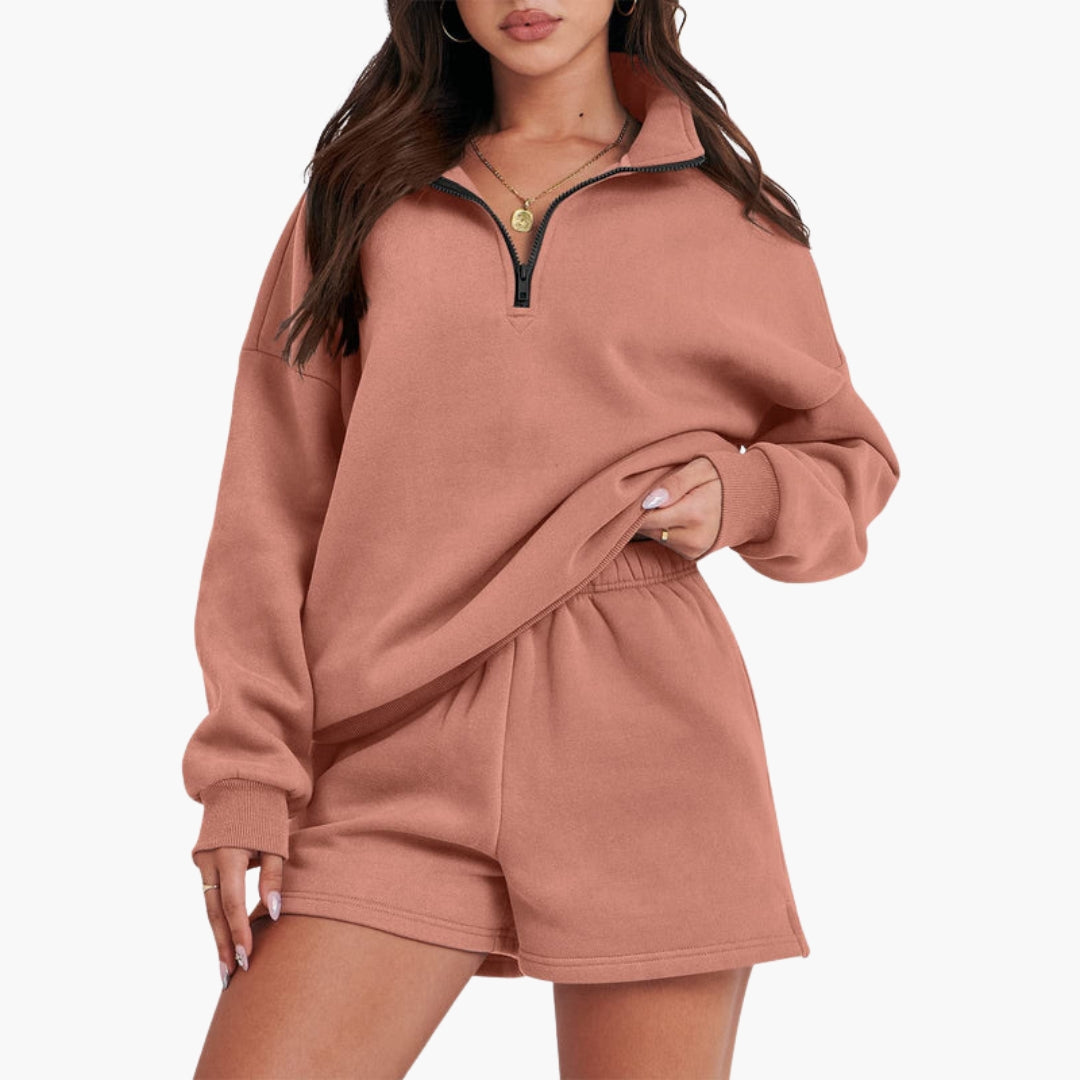 Conjunto de lazer feminino com gola alta e top com fecho éclair