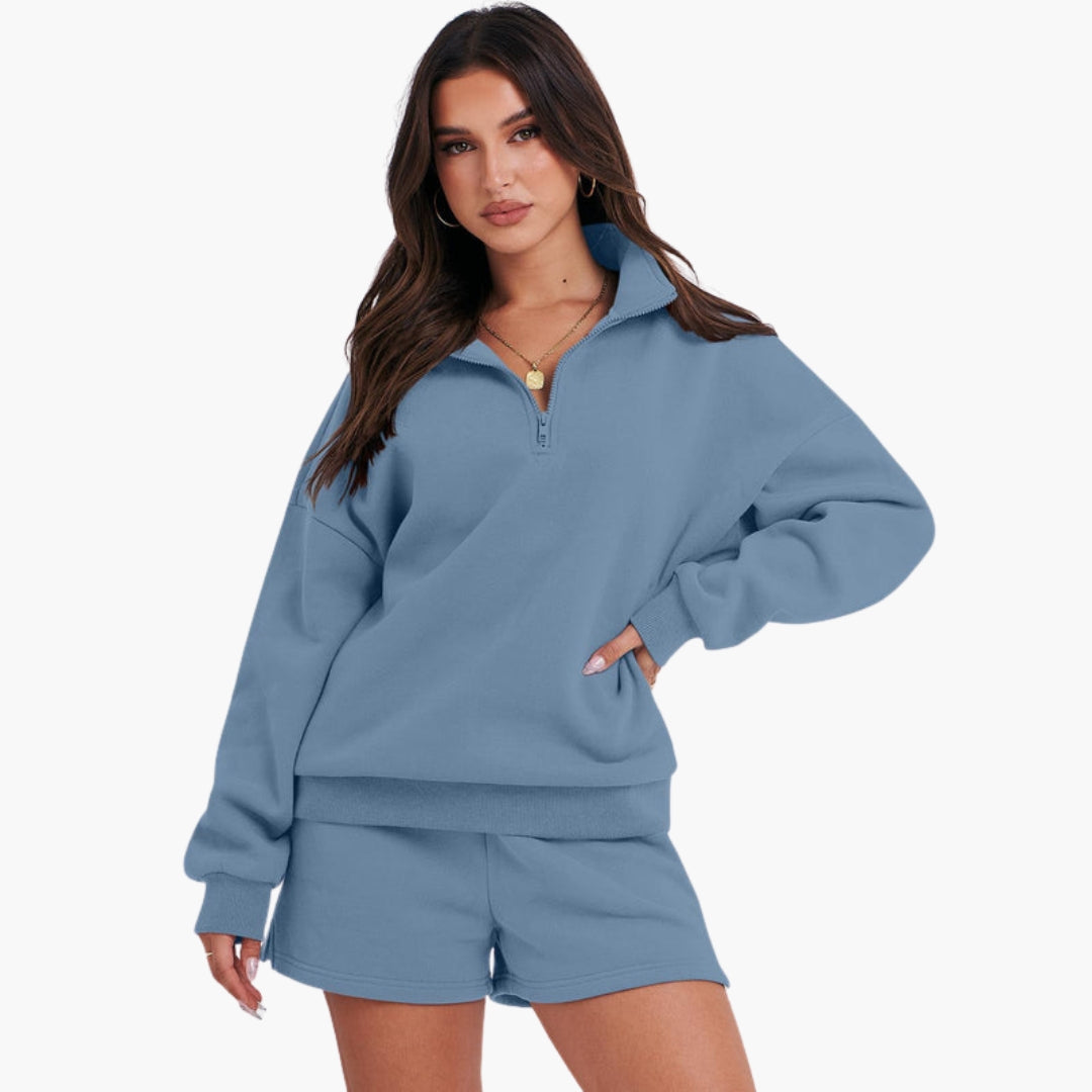 Conjunto de lazer feminino com gola alta e top com fecho éclair
